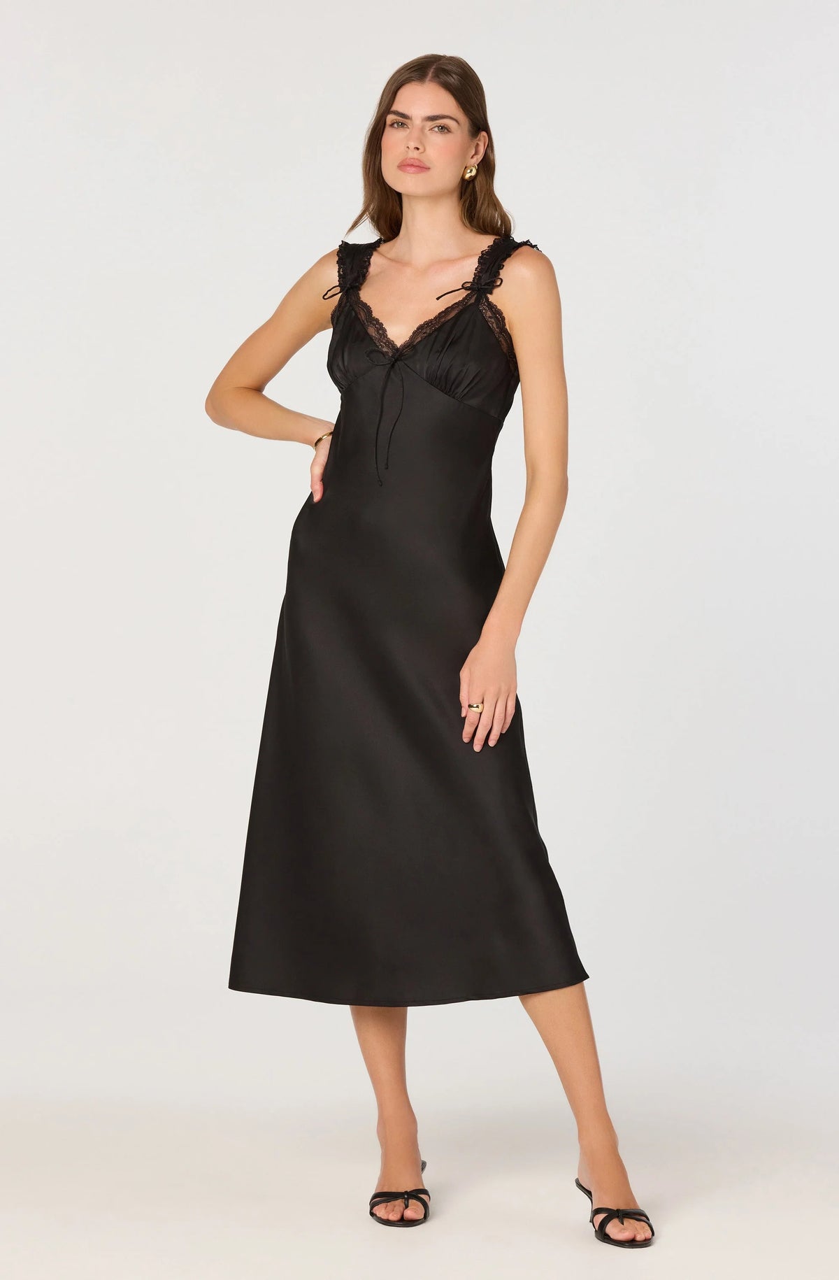 Lace Trim Satin Slip Midi Dress